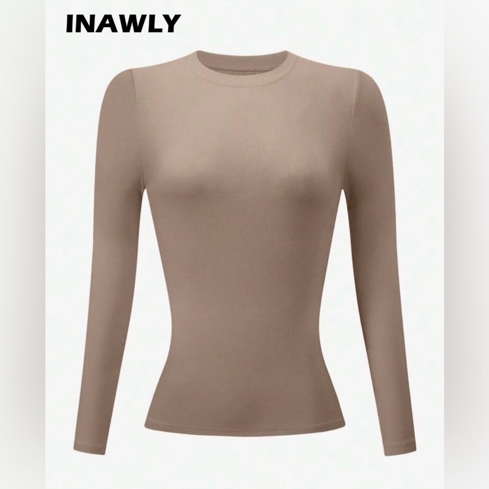 INAWLY Women Casual Camel Color Round Neck Fitted Long Sleeve T-Shirt